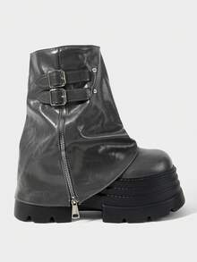 ROMWE Grunge Punk 女款短靴與踝靴 暗黑搖滾龐克哥德風 黑色綁帶騎士靴 楔形跟厚底機車靴 戶外登山靴 - 灰色雙層靴子 - 查看 2