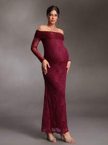 Cheriluna Maternity Maternity Off-Shoulder Long Sleeve Fitted Elegant Lace Photography Dress - Burgundy - View 5