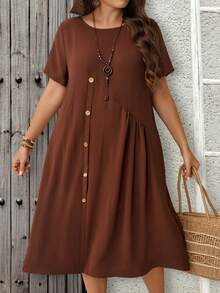 EMERY ROSE Gaun Pesta Kasual Wanita Ukuran Plus Warna Polos Leher Bulat Berlipit untuk Liburan, Acara Konser Country, Gaun Midi Musim Panas Cokelat Tua Berhiaskan Kancing - Rust Brown - View 5