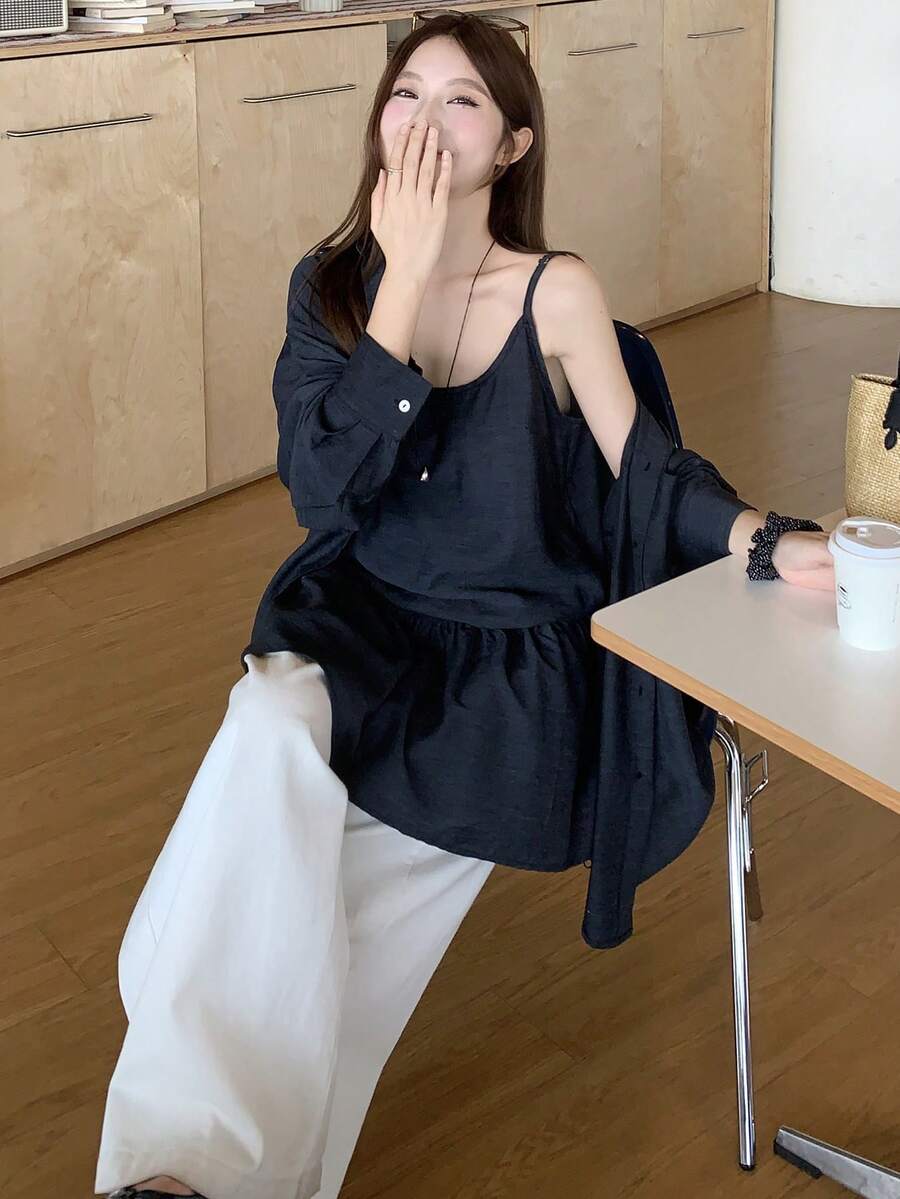 DAZY 女款純色領口長袖襯衫附內搭背心,韓系休閒2件套,可愛校園風上衣,適合早午餐,海軍藍白色,秋季 - 灰色 - 查看 1