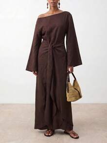Zivah Women's Solid Color One Shoulder Waist Knot Casual Elegant Party Dinner Vacation Travel Long Dress Brown Autumn - Brown - View 9