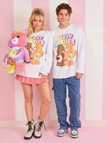 SHEIN X Care Bears 1 件標語與熊圖案落肩 T 卹（不含熊娃娃） - 白色 - 查看 1