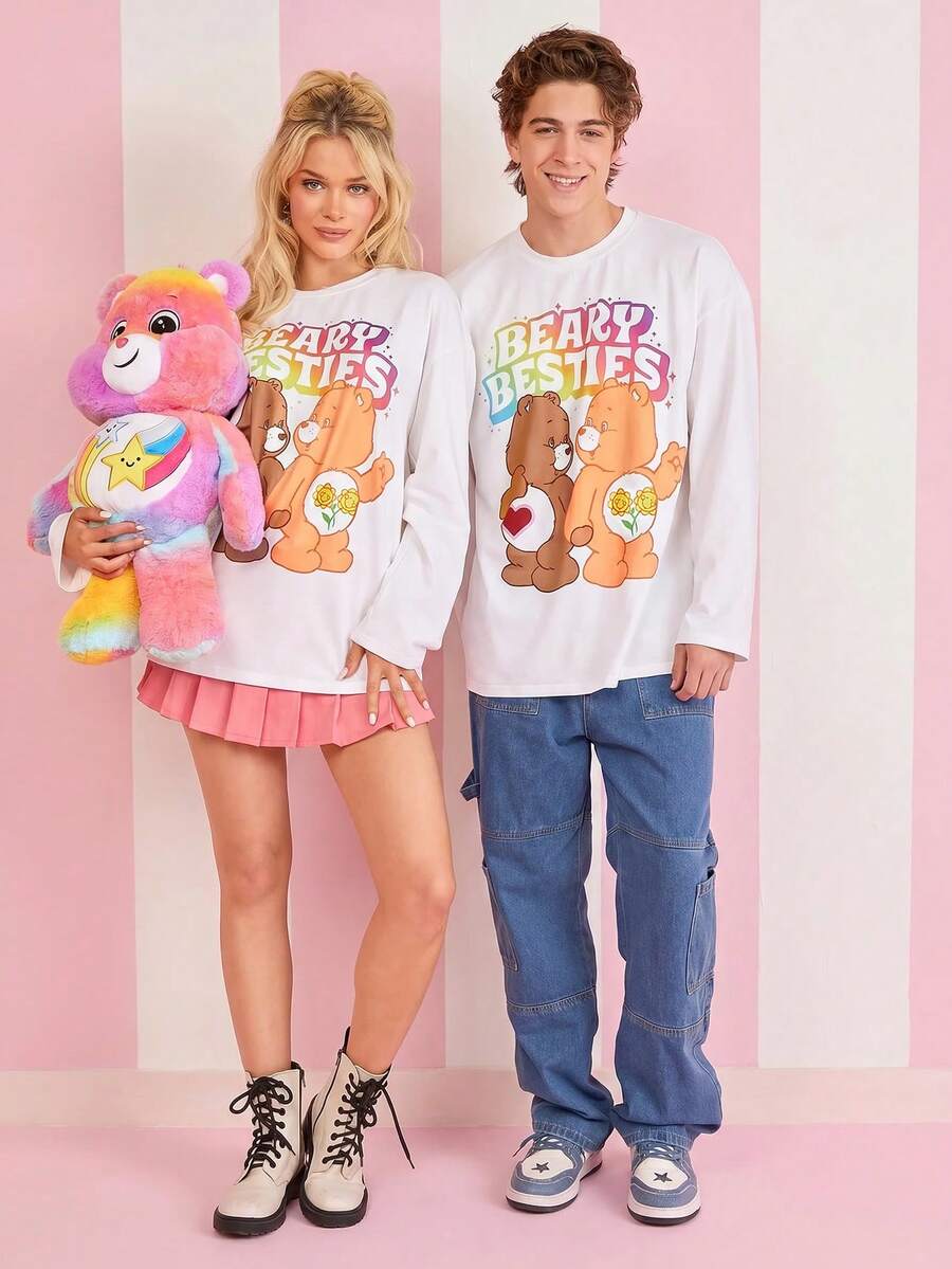 SHEIN X Care Bears 1 件標語與熊圖案落肩 T 卹(不含熊娃娃) - 白色 - 查看 1