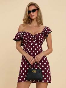 COSMINA Women's Elegant Romantic Vintage White Polka Dot Twist Knot Ruffle Mini Dress, All Season, Versatile For Valentine's Day Date Tea Party, Vacation - Burgundy - View 5