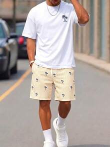 Sorvial Men's Casual Vacation Coconut Tree Print T-Shirt And Striped Shorts Set - White - View 2