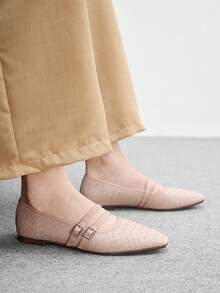CUCCOO BIZCHIC Zapatos Mary Jane de mujer con doble hebilla tejida, punta cuadrada y suela plana, estilo retro francés con suela blanda, cómodos y versátiles para el uso diario - Polvo desnudo - Ver 3