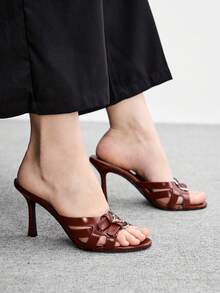 CUCCOO BIZCHIC 女款深棕色時尚優雅通勤圓頭扣飾細高跟涼鞋 - 棕色 - 查看 4