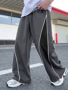 SHEIN 青少年男孩字母拼接對比色寬腿寬鬆休閒長褲 - 灰色 - 查看 4