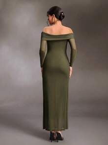 Cheriluna Maternity Maternity Off-Shoulder Solid Color Casual Party & Travel Dress Fall - Dark Green - View 3