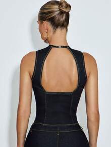 Hauture Women's Sexy Denim Casual Cut Out Zip Front Sleeveless Backless Stretch Top, Versatile Summer Office Chic, Going Out, Concerts, Party - Royal Blue - View 2