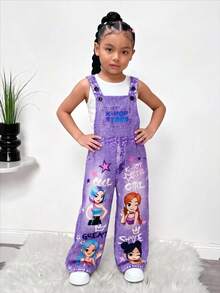 Mono de peto para niñas jóvenes con estampado de denim, detalle de cadena y estampado divertido de letras, atuendo de moda para volver a la escuela, primavera verano otoño, arcoíris púrpura - Morado - Ver 5