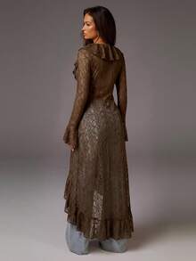 Athîral Women's Elegant Solid Color Lace Ruffle Long Dress - Coffee - View 2