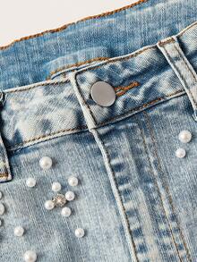 SHEIN MOD Plus Size Beaded Denim Skirt - Blue - View 3