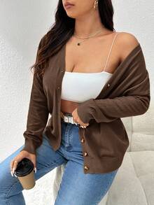 CosyJoli Cardigan de mujer talla grande casual versátil de unicolor que combina con todo - Café integral - Ver 7