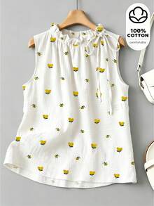 SHEIN PariChic Women's Spring/Summer Floral Print Fresh Fashion Drawstring Stand Collar Sleeveless Top - White - View 3