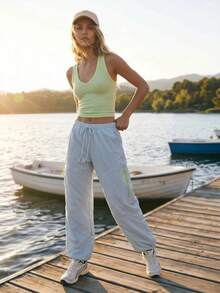 WanderVale Women's Drawstring Waist Zipper Design Casual Hiking Pants - Baby Blue - View 3
