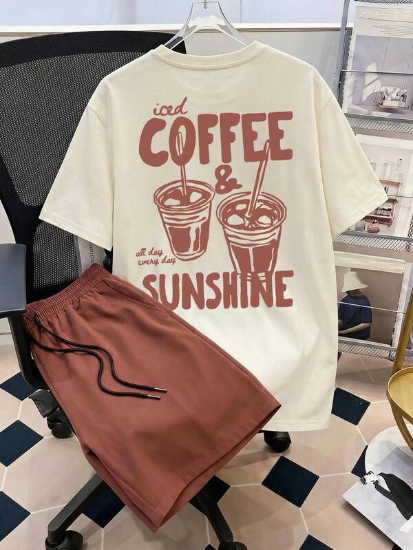Manfinity ZONE917 Men's Fitted Apricot Knit Top And Brown Woven Shorts Set, Effortless Outfit For Going Out