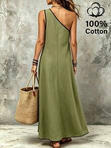 SHEIN Holidaya Women's Summer Pure Cotton Slouchy Linen-Like Asymmetric Shoulder Elegant Loose Contrast Trim Long Dress, Gentle Style, Vacation Style, Fresh Versatile, Youthful, Pastoral Style, Home Wear - Green - View 3