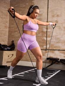 Powerista Plus Size Women's Leopard Print Criss-Cross Back Cropped Camisole Top And High-Waisted Shorts Two-Piece Activewear Set - Purple - View 6