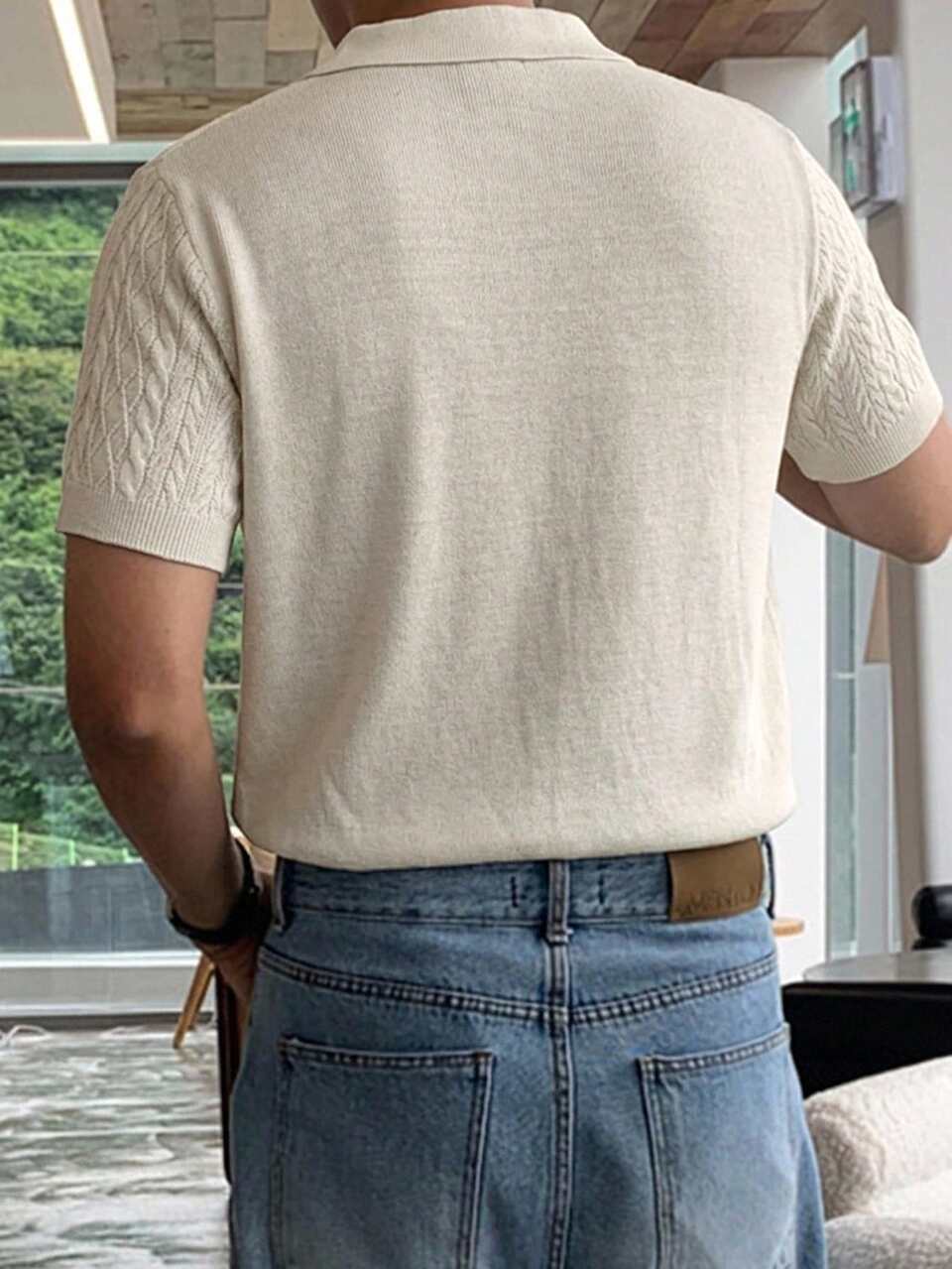 Short Sleeve Polo Collar Apricot Men's Knit Top