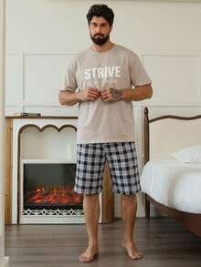 DAZY Men's Summer White Letter Print T-Shirt And Plaid Shorts Loungewear Set - Multicolor - View 5