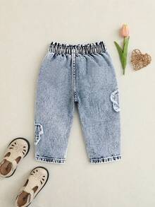 SHEIN Playful Pals Baby Girl Denim Long Pants Casual Cute Vintage Star-Shaped Loose Waist Design Blue Jeans, Suitable For Summer Outdoor Wear And Daily Wear - Blue - View 2
