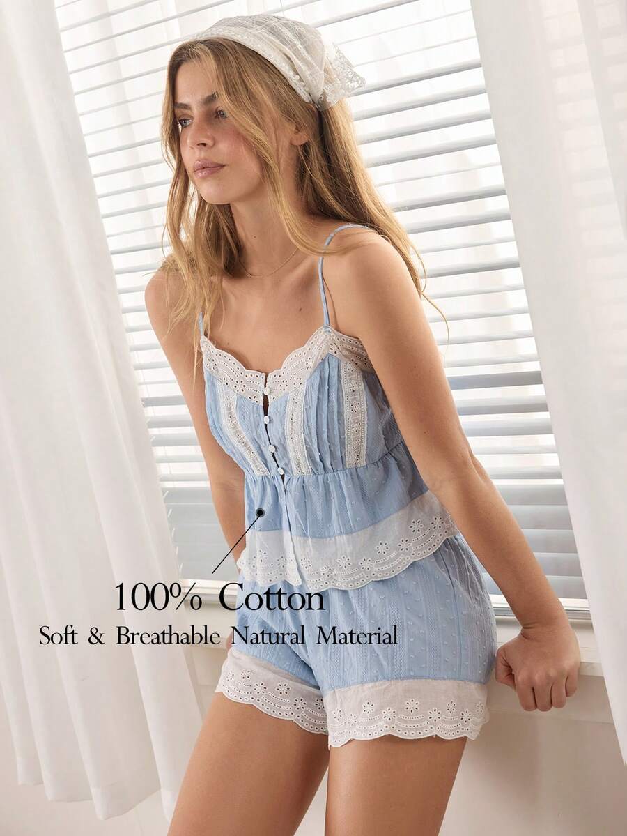 Ocili Women's Lace Patchwork Contrast Color Button Camisole And Casual Shorts Pajama Set - Dusty Blue - View 1