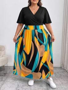 SHEIN CURVE+ Vestido de Talla Grande con Estampado de Bloques de Color y Patchwork - Multicolor - Ver 7