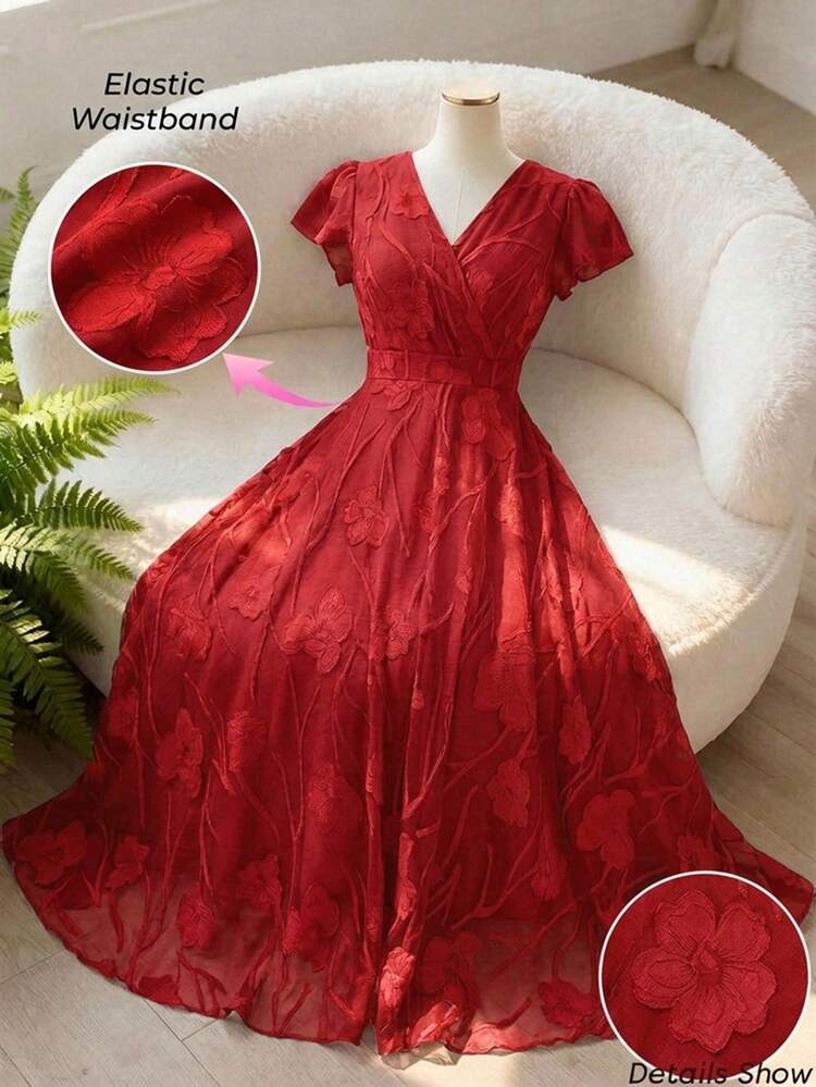Reflora Vestido elegante con estampado floral para mujer de talla grande, vestido de invitada de boda de verano - Rojo - Añade 8