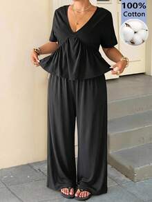 Muchica Plus Size Women's Solid Color Short Sleeve Ruffle Hem T-Shirt And Wide Leg Pants Casual 2-Piece Set Vacation Black Summer - Black - View 4
