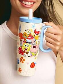 SpongeBob SquarePants | SHEIN 24盎司帶手柄保溫杯，真空隔熱水壺，不鏽鋼旅行隨行杯，車用杯 - 米白色 - 查看 4