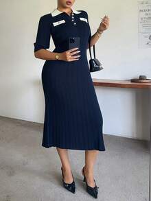 Dazy Plus Gaun Sweater Ukuran Plus Elegan dengan Kerah Kontras Warna, Kantong Palsu, Bodycon Minimalis, Seksi, Menyenangkan, Cocok untuk Perjalanan Musim Semi, Musim Panas, dan Musim Gugur. - Royal Blue - View 2