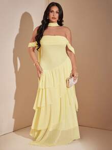 SHEIN BAE CURVE 大尺碼女款淺黃色荷葉邊浪漫長洋裝 - 黃色 - 查看 4