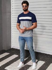 Manfinity CasualCool Kaos Pria Lengan Pendek Kerah Bulat Warna Kontras Kasual Serbaguna - MultiWarna - View 4