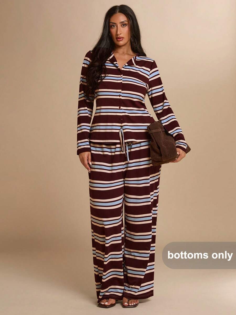 SHEIN BAE CURVE 大尺碼女款條紋休閒寬腿長褲 - 彩色 - 查看 1