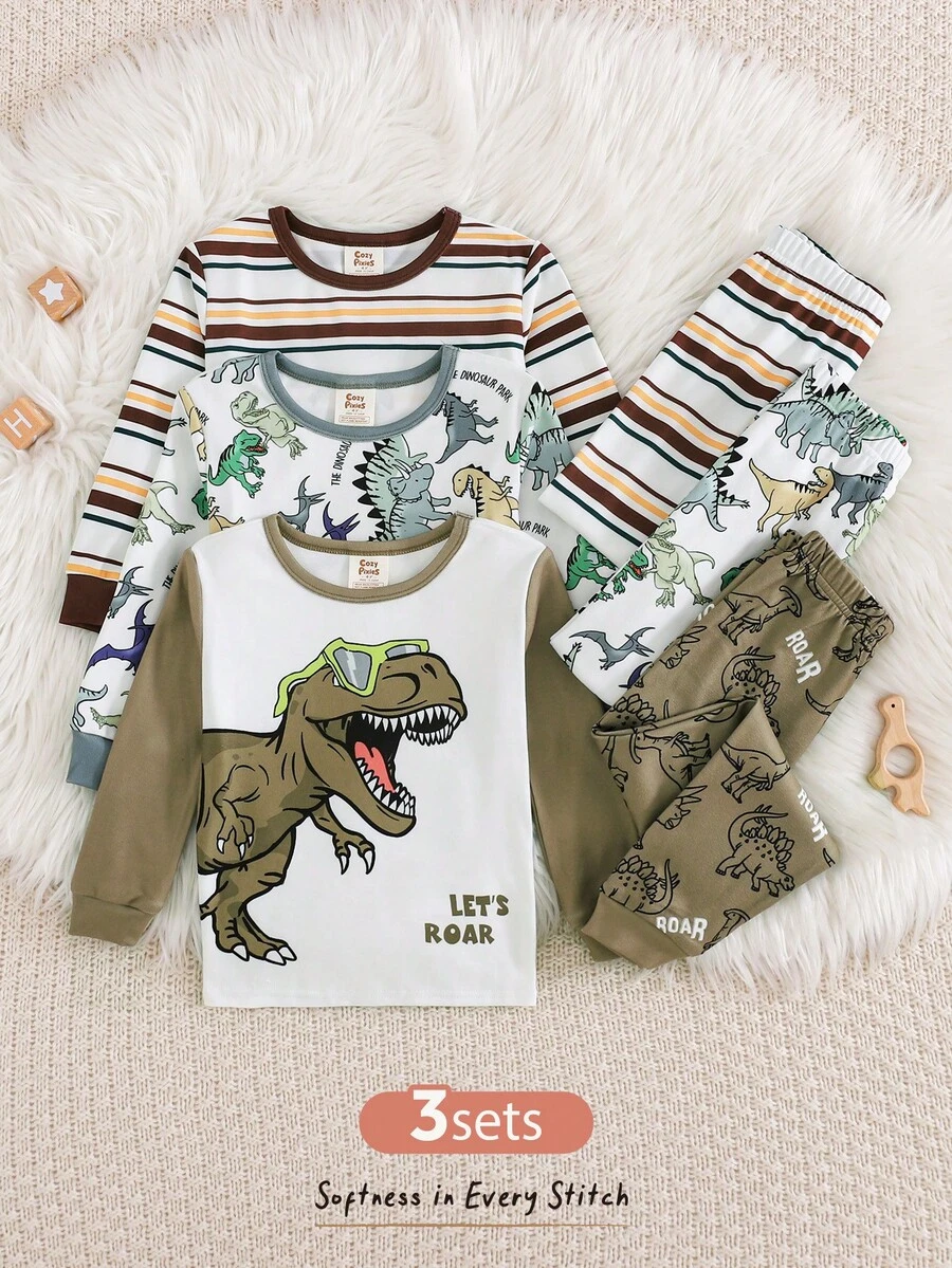 Cozy Pixies 小男孩貼身版睡衣套裝,卡通動物恐龍圖案條紋針織柔軟圓領長袖套頭上衣,鬆緊腰長褲,3件套,彩色條紋,劍龍、暴龍圖案居家服套裝 - 彩色 - 查看 1