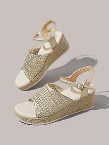 Styleloop Women's Fashionable Versatile Buckle Design Thick Bottom Wedge Sandals For Daily Wear Holiday Travel Essential Boho Cowgirl Outfit - Gold - View 2