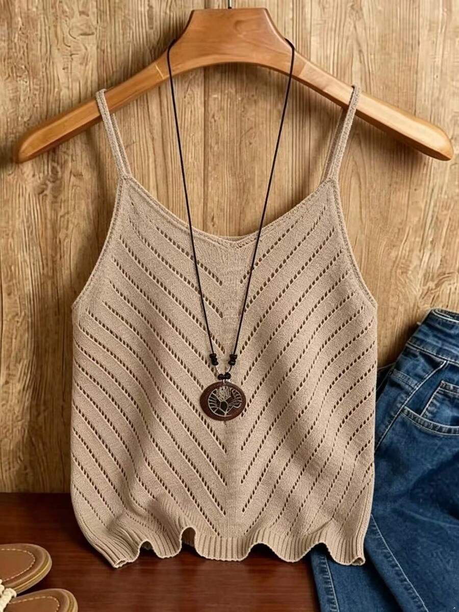EMERY ROSE Women's Solid Color Hollow Out Casual Camisole Knit Top - Khaki - View 1