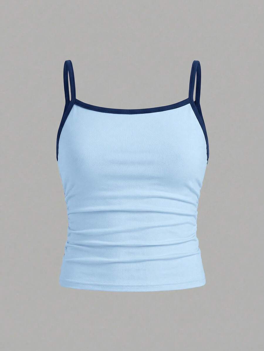 SHEIN Girlism 青少年女孩夏季休閒拼色飾邊細肩帶背心 - 藍色 - 查看 1