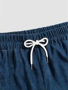 ROMWE MEN Men's Solid Color Drawstring Waist Pocket Casual Shorts - Blue - View 3