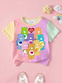 SHEIN X Care Bears Young Girl Cute Cartoon Bear Contrast Color Short Sleeve T-Shirt, Casual Daily Commute - White - View 1