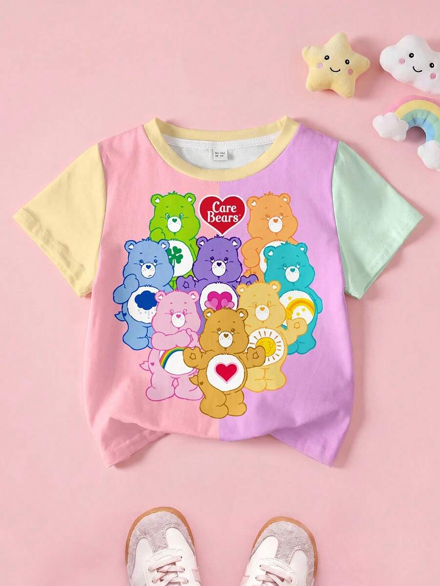 SHEIN X Care Bears Young Girl Cute Cartoon Bear Contrast Color Short Sleeve T-Shirt, Casual Daily Commute - White - View 1