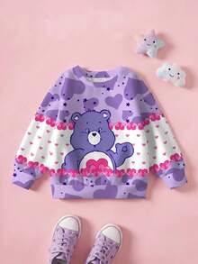 SHEIN X Care Bears 年轻女孩休闲可爱熊和心形印花圆领运动衫 - 白色 - 查看 1