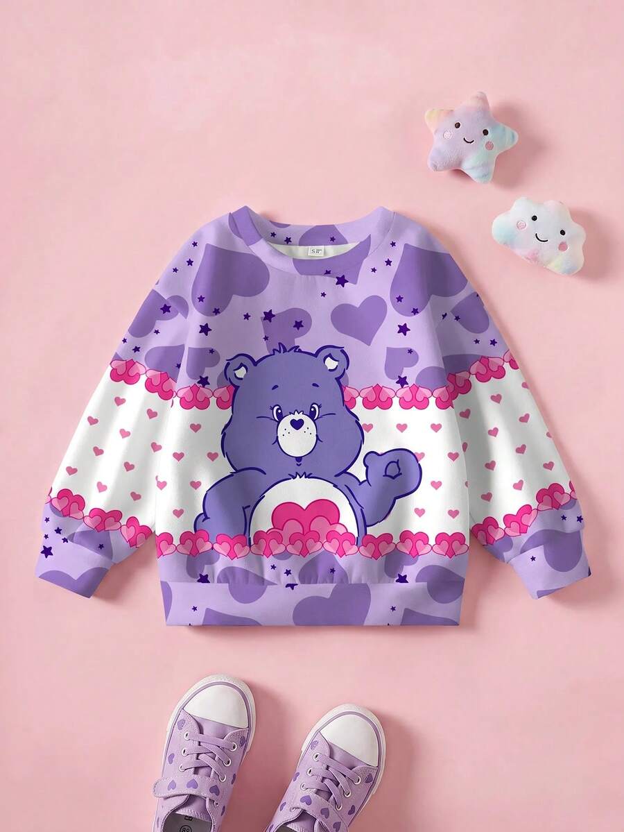 SHEIN X Care Bears 年轻女孩休闲可爱熊和心形印花圆领运动衫 - 白色 - 查看 1