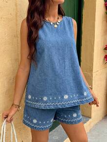 SHEIN Umstandsmode Blumenmuster Rundhals Tanktop und Shorts Lässig Denim Zweiteiler Set - Blau - Übersicht 6