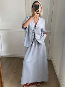 DAZY Spring Summer Loose Casual Long Sleeve Shirt And Straight Leg Pants 2 Pieces Set For Women Vacation Light Blue Brunch - Blue - View 1