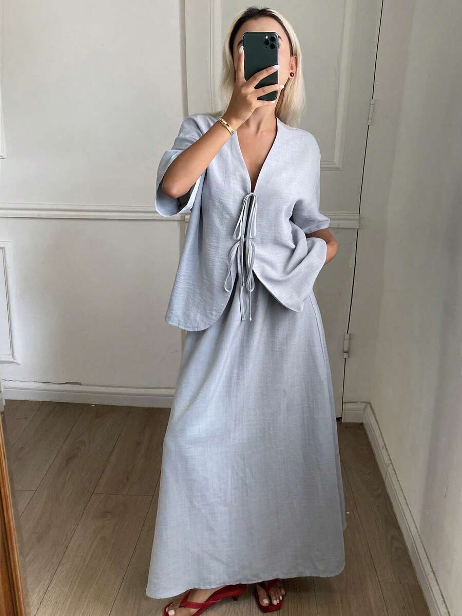 DAZY Spring Summer Loose Casual Long Sleeve Shirt And Straight Leg Pants 2 Pieces Set For Women Vacation Light Blue Brunch - Blue - View 1