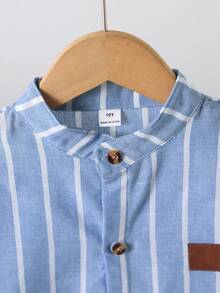 SHEIN Boys 2Pcs Stand Collar Shirt Pants Set Back To School Semi Formal Outfit Brown Button Wedding Graduation Party Spring Summer - Blue - View 3
