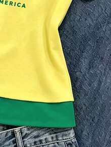 Spring Summer Autumn Tween Girls' Brazil Five-Pointed Star Light Yellow Striped Letter Slogan Pattern Casual Streetwear Y2k 2 In 1 T-Shirt Tops School - Multicolor - View 4