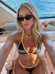 Costavie 女款夏季海灘字母印花掛脖綁帶性感時尚比基尼兩件式泳衣套裝 - 藏蓝色 - 查看 3